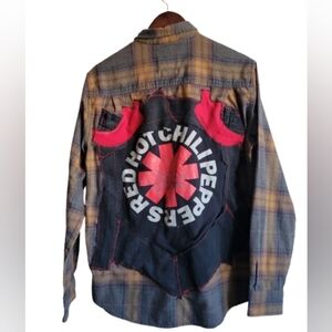 Upcycled Red Hot Chili Peppers 90s Band Flannel Shirt Adult Medium Stitched Logo
